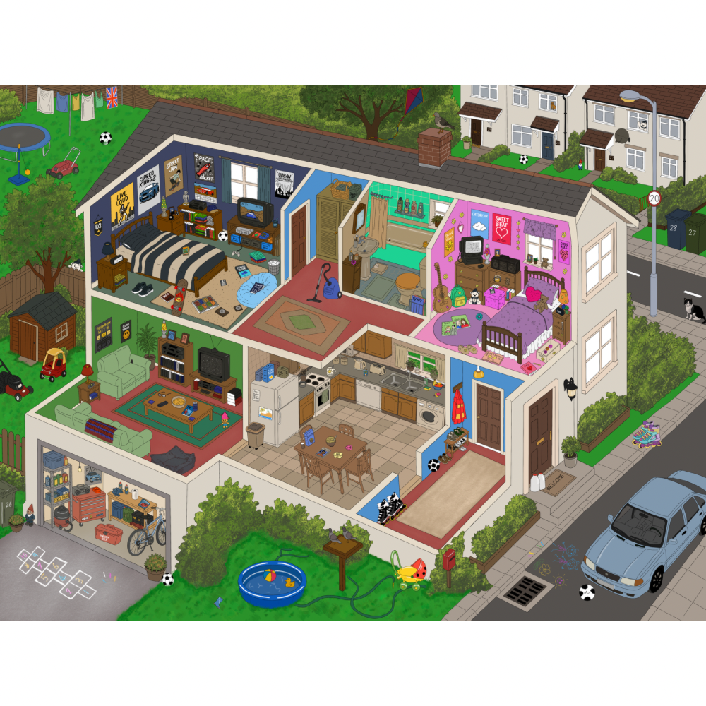 A colorful cartoon-style cutaway illustration of a suburban house showing multiple interior rooms, a garage, backyard, and front yard, with a car and neighboring houses in the scene.