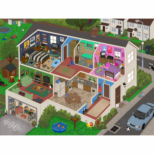 A colorful cartoon-style cutaway illustration of a suburban house showing multiple interior rooms, a garage, backyard, and front yard, with a car and neighboring houses in the scene.
