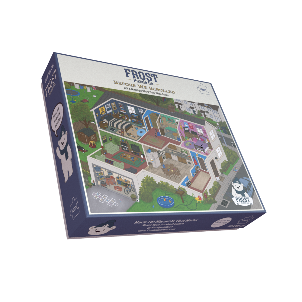 A boxed jigsaw puzzle package titled "Frost Pigs Before We Scroll" shown at an angle on a plain white background. The box features a colorful illustrated house scene with multiple rooms and cartoon pig characters.