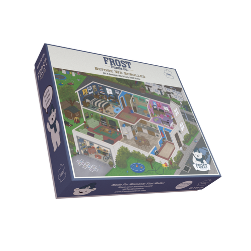 A boxed jigsaw puzzle package titled "Frost Pigs Before We Scroll" shown at an angle on a plain white background. The box features a colorful illustrated house scene with multiple rooms and cartoon pig characters.